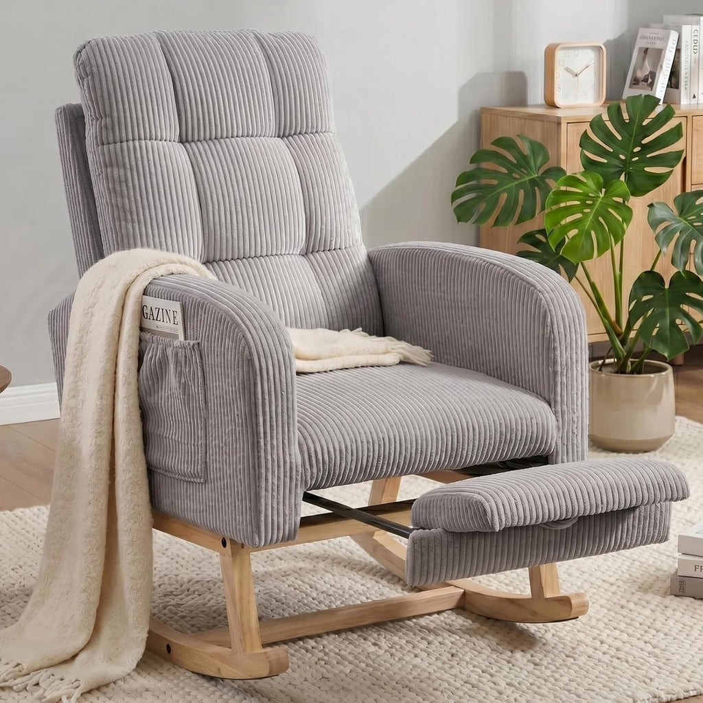 Nursing Rocking Chair, Nursery Glider with Footrest (Grey Retro) | Corduroy Upholstered Accent Rocking Armchair with High Back & Side Pockets for Living Room Bedroom Office Nursery