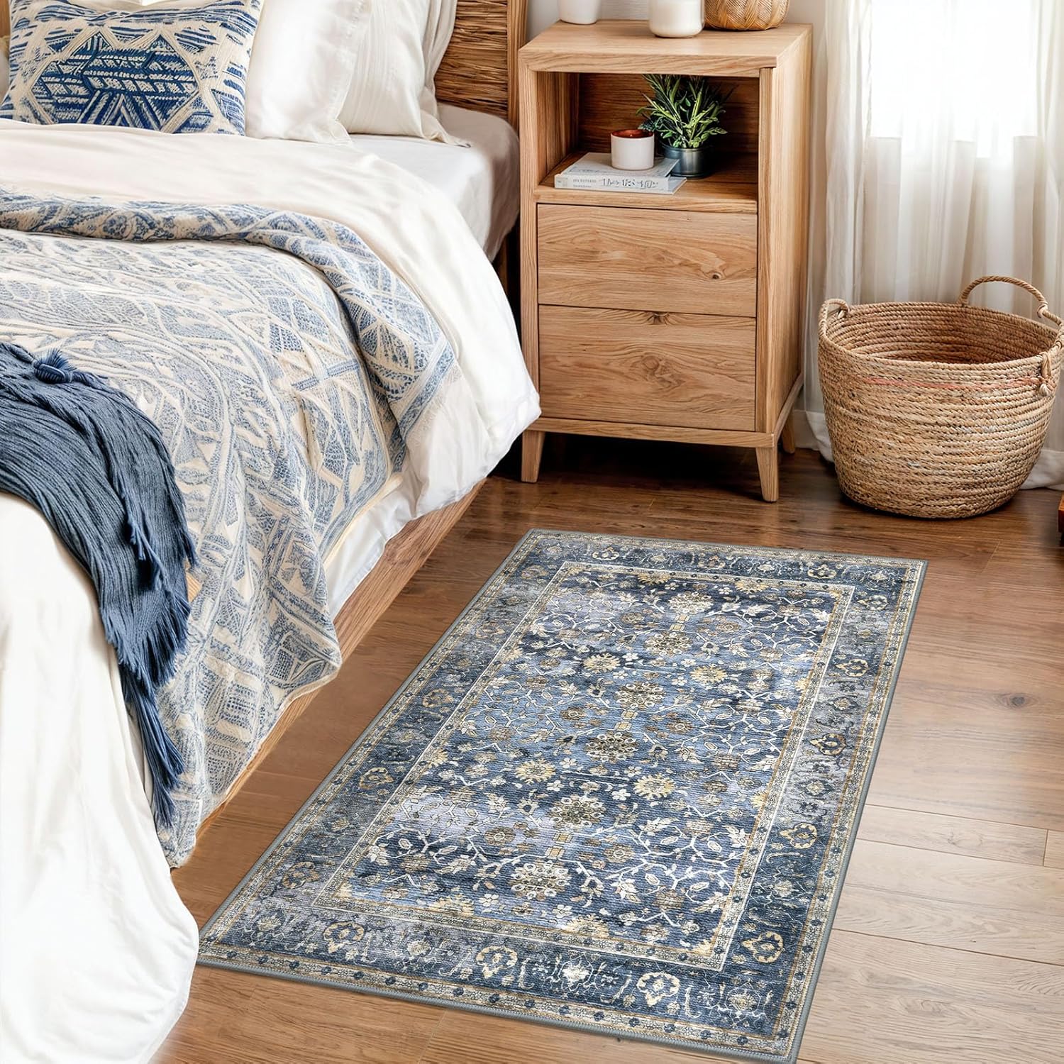 KUTA Vintage 2x3 Rugs for Entryway, Non-Slip Washable Area Rug & Indoor Door Mat with Floral Print, Blue Grey Beige Ultra Thin Soft Low-Pile Throw Rug for Kitchen Front Door, Bedside, Small Spaces