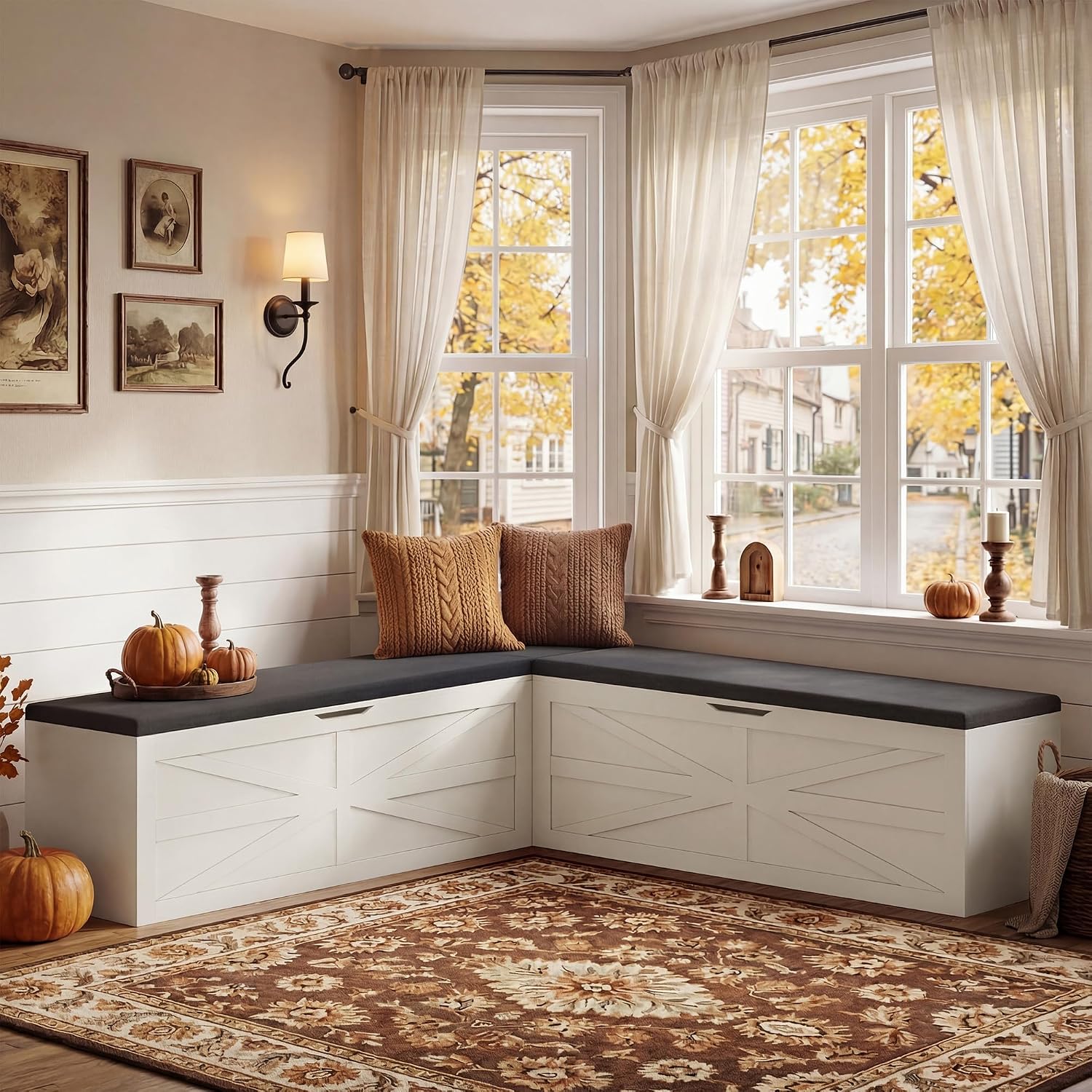 Apicizon L Shaped Storage Bench with Cushion, 63" Breakfast Nook Dining Bench with Hidden Storage, Kitchen Dining Corner Bench for Dining Room Entryway Living Room, Beige White+ Dark Gray