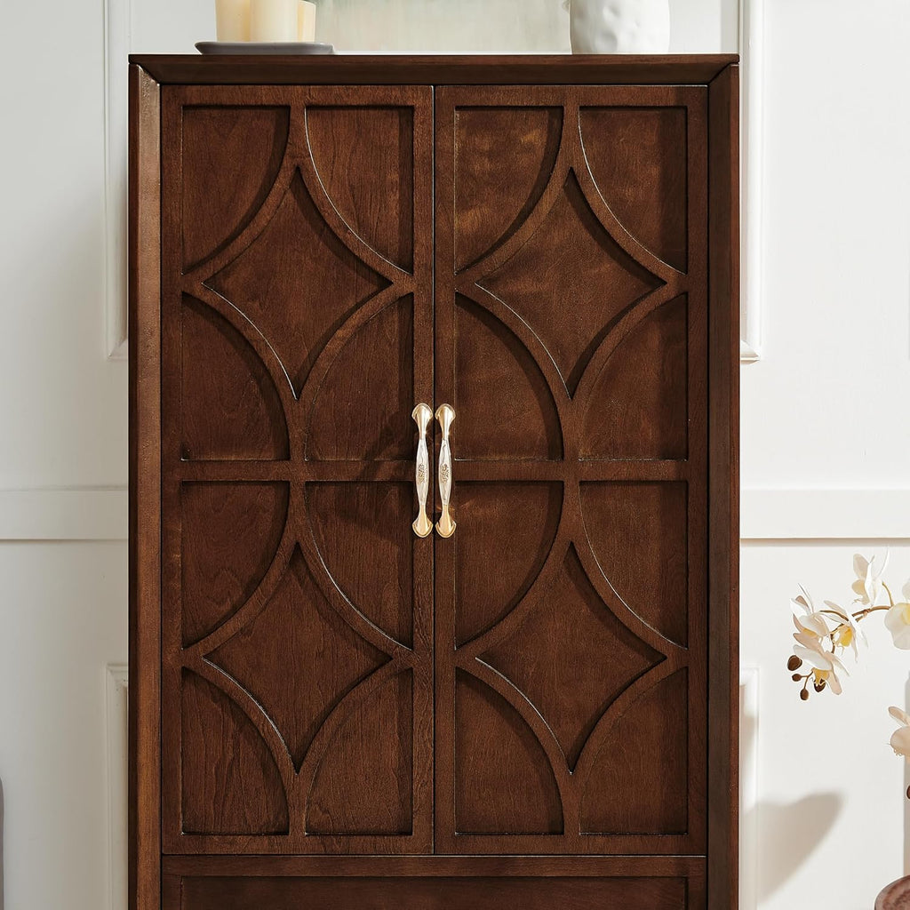 Mid Century Modern Tall Kitchen Pantry Cabinet – Retro Sideboard Buffet with Adjustable Shelves & Doors, Entryway Hallway Storage, Vintage Geometric Design for Living Room & Garage (Walnut)