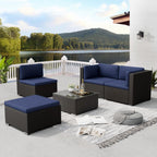 Incbruce 5 Pcs Patio Furniture Set with Ottoman, All-Weather PE Rattan Outdoor Sectional Sofas, Patio Sectional Furniture Set with Cushion & Glass Table (Blue)