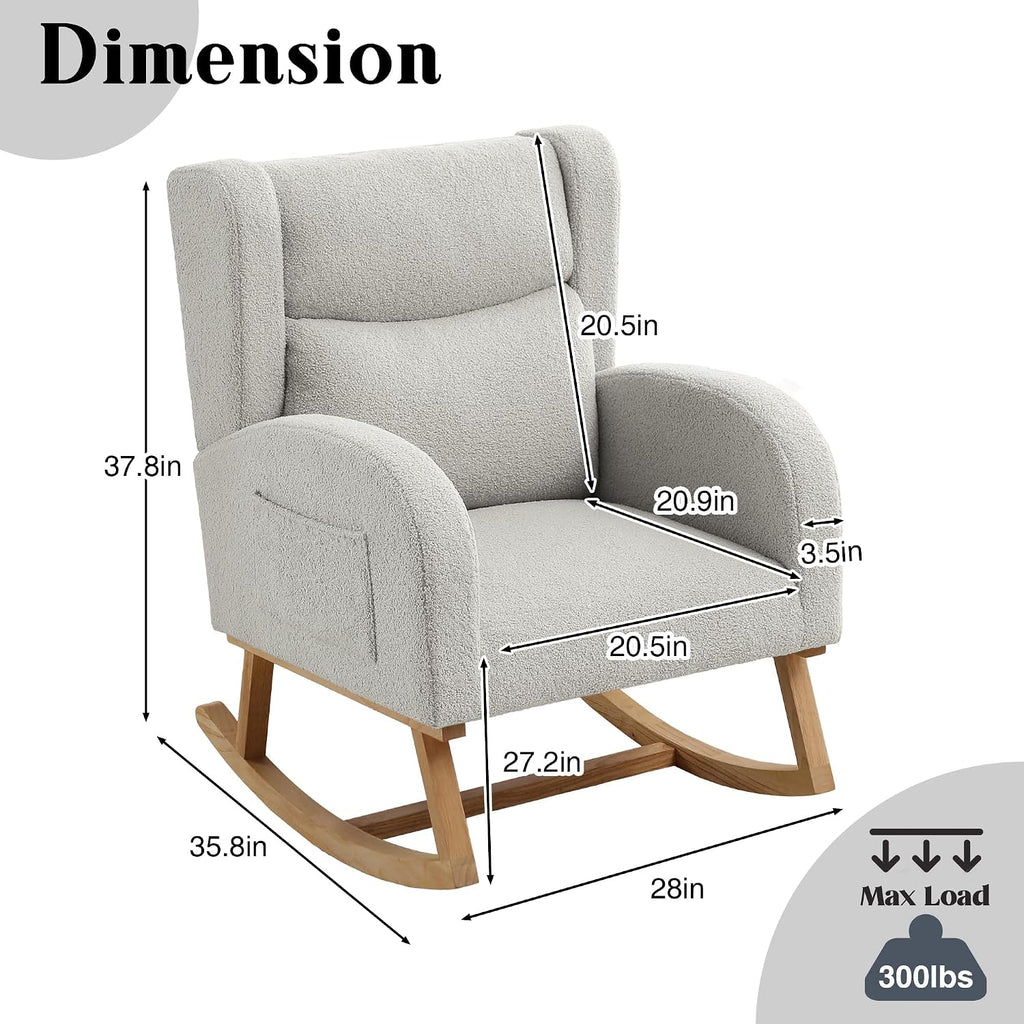 Nursery Rocking Chairs,Upholstered Rocking Chair Nursery for Mom Rocker with High Backrest and Solid Wood Legs,Modern Indoor Rocking Chair for Living Room Bedroom Adults (Teddy Light Grey)