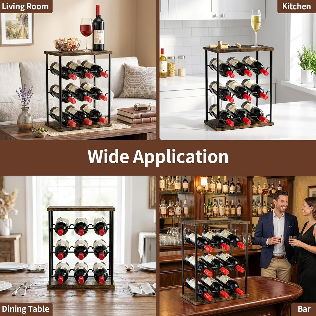 Nuovoware Wine Racks Countertop, Wine 9 Bottles Holder, Metal Wine Storage Organizer for Kitchen, Bar, Table, Cabinet, Wine Cellar, Vintage Brown