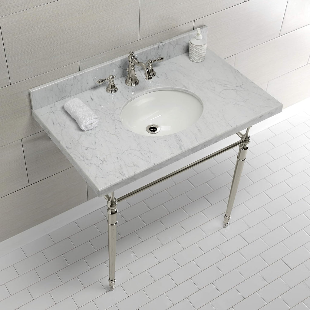 Kingston Brass KVPB3622M86 Edwardian 36" Console Sink with Brass Legs (8-Inch, 3 Hole), Marble White/Polished Nickel