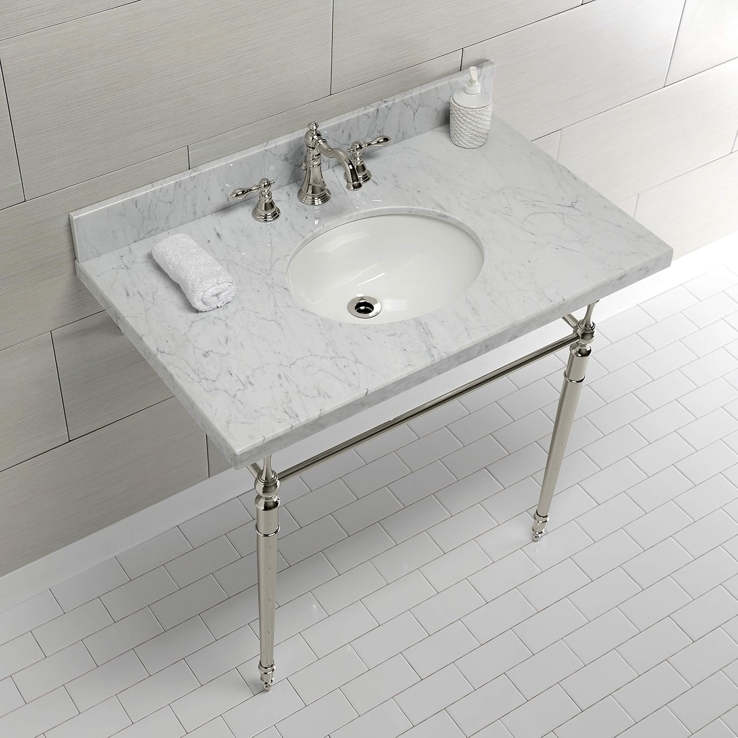 Kingston Brass KVPB3622M86 Edwardian 36" Console Sink with Brass Legs (8-Inch, 3 Hole), Marble White/Polished Nickel