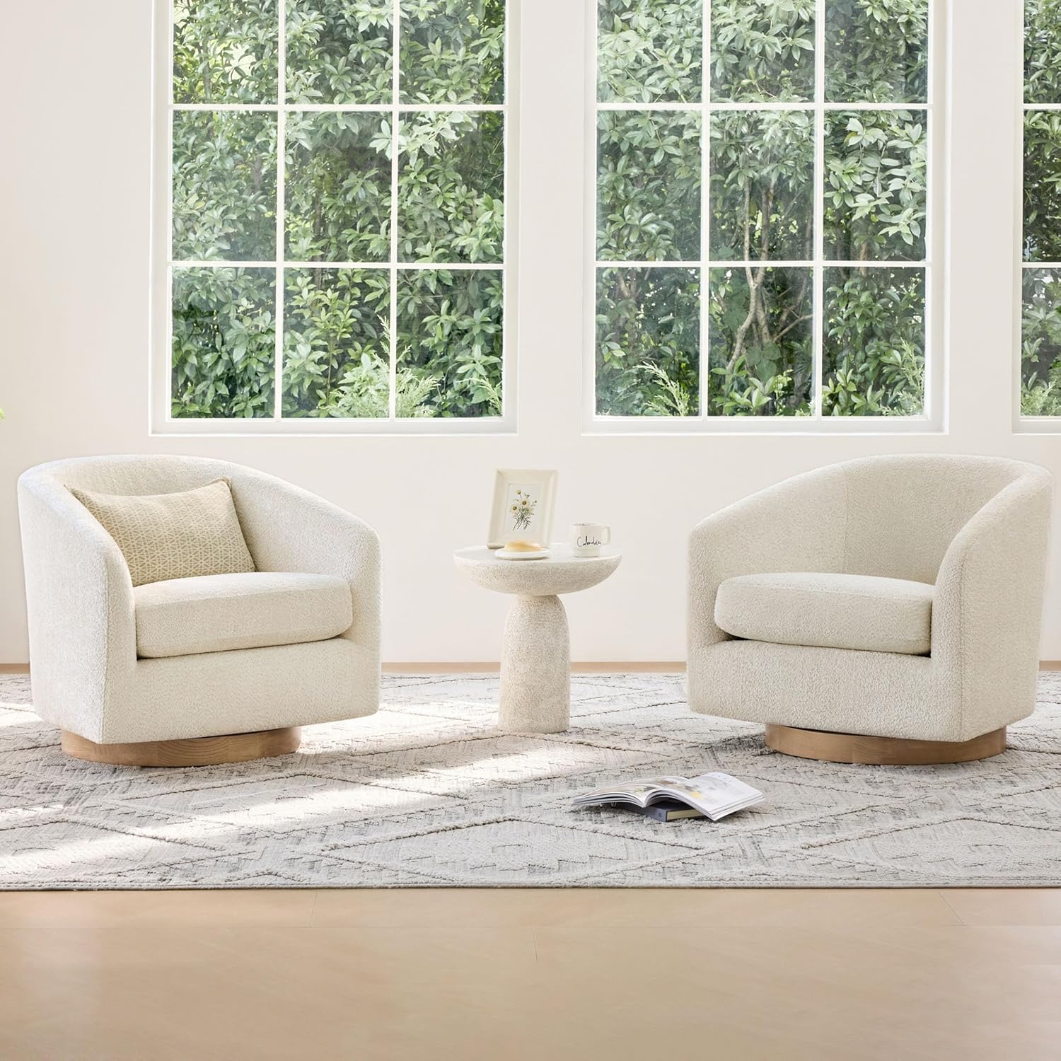 CHITA Swivel Accent Chair Set of 2, Fully Assembled Fabric Barrel Armchair with FSC Certified Upholstered for Living Room, Bedroom and Office, Cream