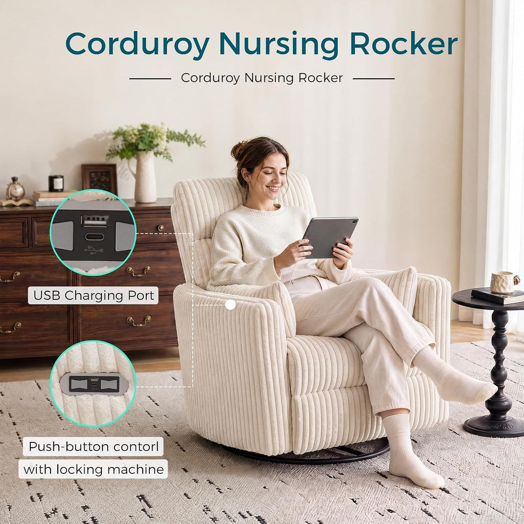 LINSY 220° Swivel Electric Power Recliner Chair, Corduroy Nursing Rocker with USB & Type-C, High Back Adult Comfort Chair with 2 Pillows, for Nursery, Bedrooms, Living Room, Beige