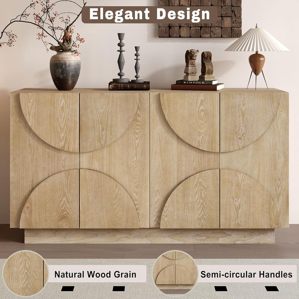 Modern Vintage Arched Door Buffet Sideboard, 56’’W Credenza Storage Cabinet with Adjustable Shelves & Cable Management, Media Console Accent Cabinet for Living Room Hallway Dining, Natural