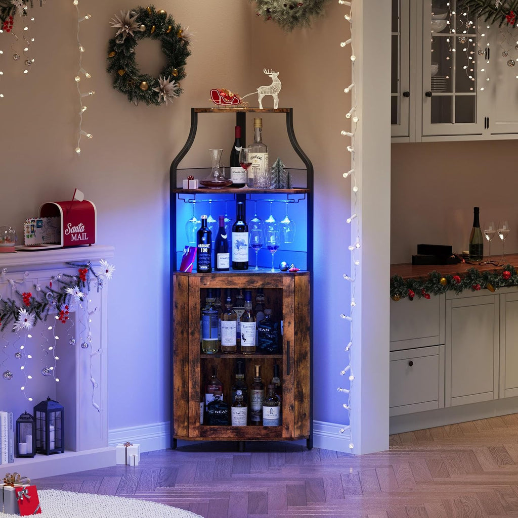 GAOMON Corner Bar Cabinet with LED Strip and Glass Holder, Industrial Wine Cabinet with Adjustable Shelf, 5-Tier Liquor Cabinet for Home, Rustic Brown