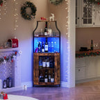 GAOMON Corner Bar Cabinet with LED Strip and Glass Holder, Industrial Wine Cabinet with Adjustable Shelf, 5-Tier Liquor Cabinet for Home, Rustic Brown