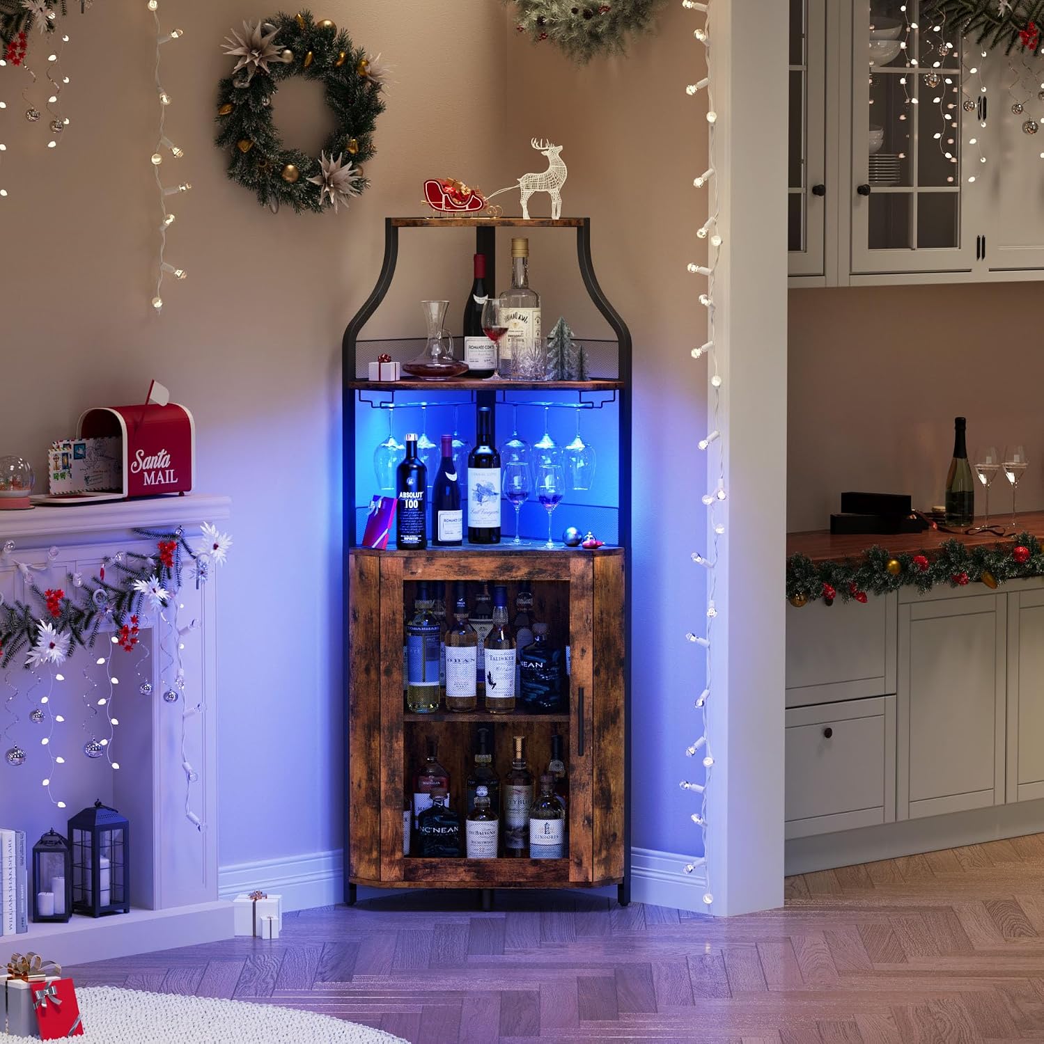 GAOMON Corner Bar Cabinet with LED Strip and Glass Holder, Industrial Wine Cabinet with Adjustable Shelf, 5-Tier Liquor Cabinet for Home, Rustic Brown