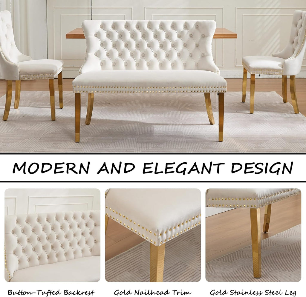 Velvet Upholstered Dining Bench with Back, 45.6'' Tufted Loveseat Bench with Gold Stainless Steel Legs, Mid-Century Modern Banquette Seating for Dining Room, Kitchen, Entryway, Beige