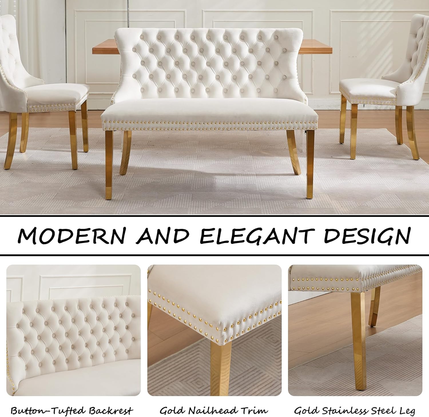 Velvet Upholstered Dining Bench with Back, 45.6'' Tufted Loveseat Bench with Gold Stainless Steel Legs, Mid-Century Modern Banquette Seating for Dining Room, Kitchen, Entryway, Beige