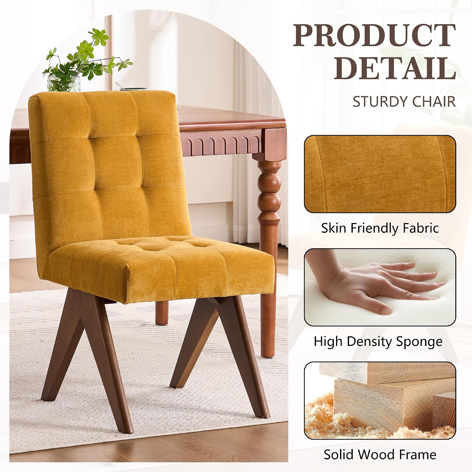 Rowill Modern Upholstered Dining Chairs Parsons Chair Linen Fabric Kitchen Chairs Tufted Armless Dining Room Chairs with Wood Legs Set of 2, Yellow