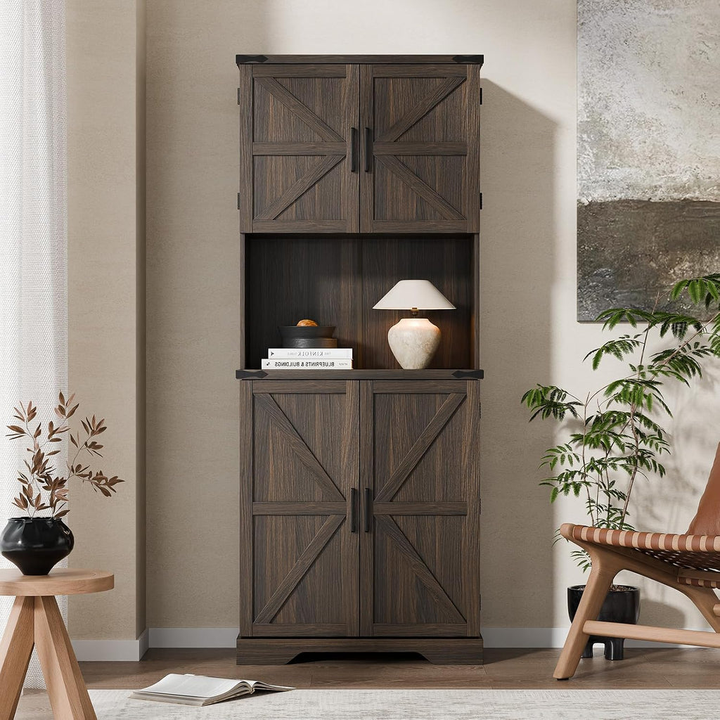 Cozy Castle 74" Farmhouse Pantry Cabinet with Charging Station, Tall Kitchen Storage Hutch Cabinet Coffee Bar Workstation, Sideboard Buffet Cupboard for Dining Room Living Room Furniture, Dark Brown