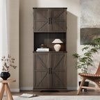 Cozy Castle 74" Farmhouse Pantry Cabinet with Charging Station, Tall Kitchen Storage Hutch Cabinet Coffee Bar Workstation, Sideboard Buffet Cupboard for Dining Room Living Room Furniture, Dark Brown