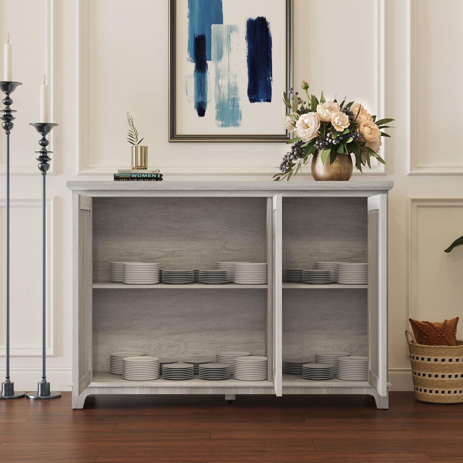 GDFStudio 49" Modern Buffet Sideboard Cabinet, Storage Cabinet with 3 Acrylic Mirrored Doors, Freestanding Credenza Buffet for Living Room Dining Room Kitchen, Large Countertop Coffee Bar, Light Gray
