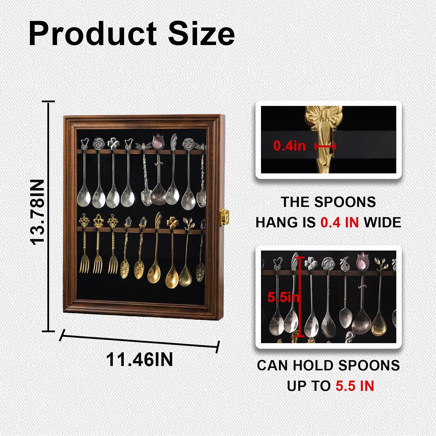 18 Souvenir Tea Spoon Display Case Wall Mount Lockable UV Protection Acrylic Door Wood Display Rack Stand for Spoon Collection(Fire Burning Color)
