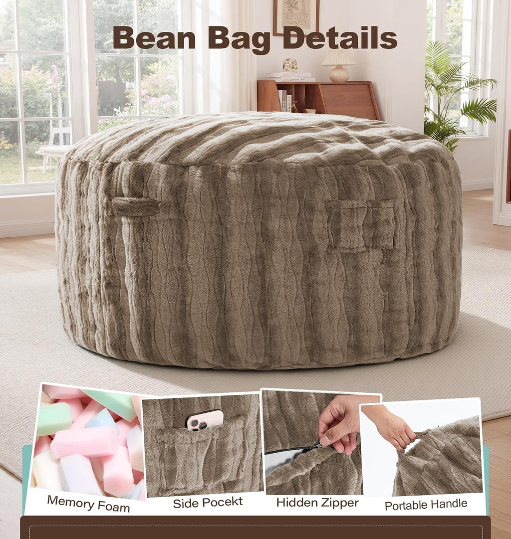 fond + found Adult Bean Bag Chairs 5FT Large Lounger, Wave Cover, Brown | Portable Handle, Removable and Washable Cover, Memory Foam Filled, Relaxing, Reading, Large, Soft Wave Pattern Plush Fabric