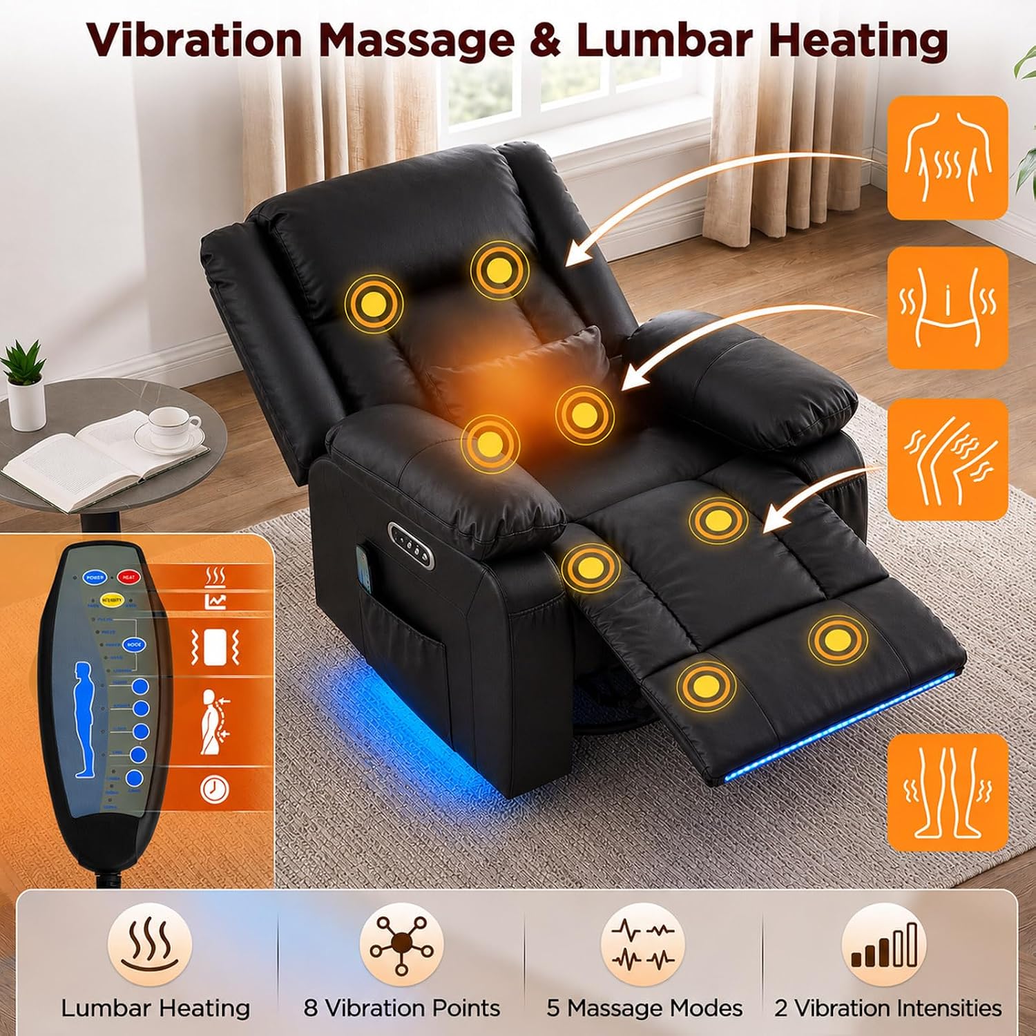 Power Swivel Rocker Recliner Chair with Independent Footrest Control | Massage Recliner Chair, Dual Motor, Nursery Rocker Reclining Chair with Pockets, LED Light for Living Room, PU Black
