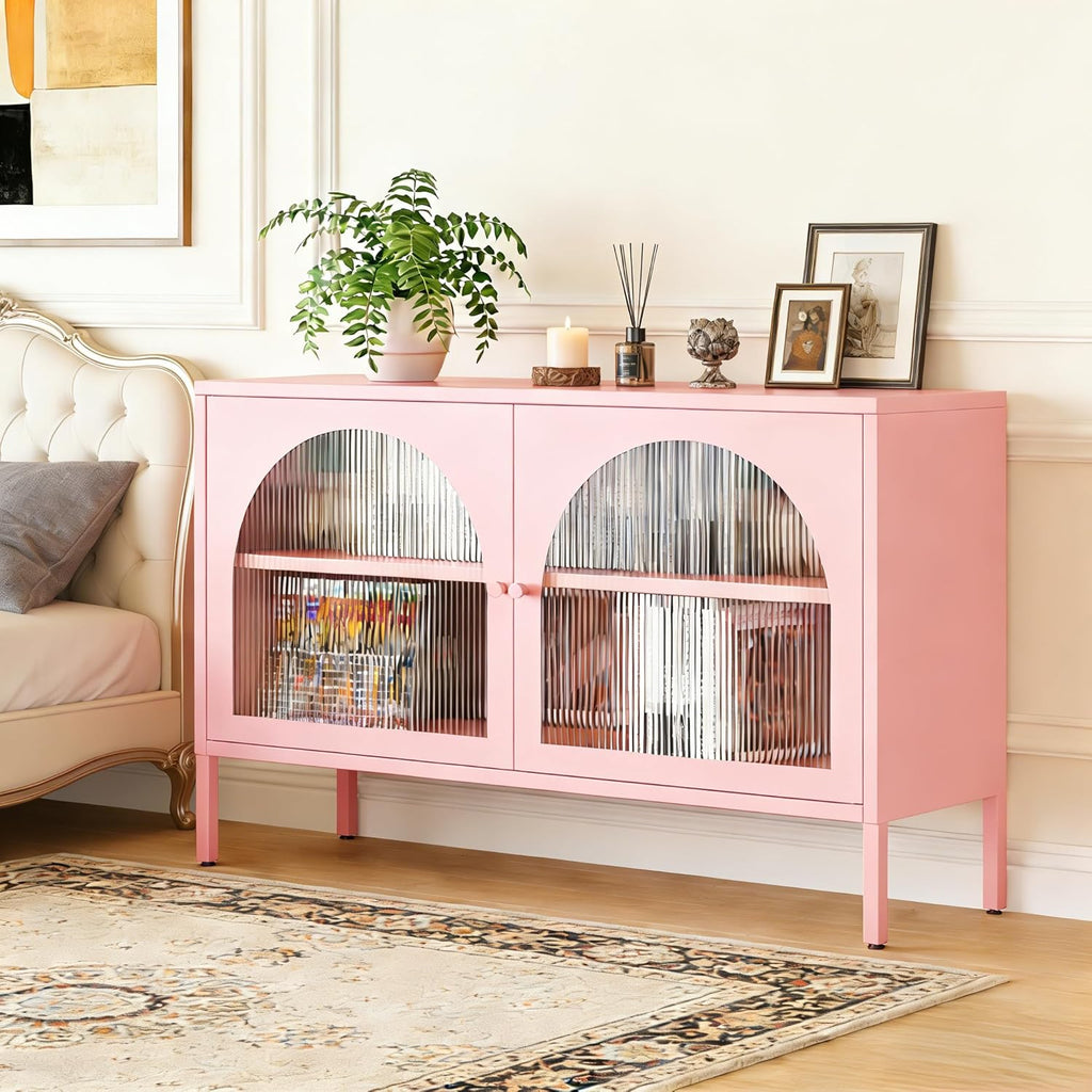 Metal TV Stand, Accent Storage Cabinet with 2 Acrylic Doors, Pink Locker Cabinet with Adjustable Shelf, Side Cabinet for Home,Office,Entryway,Dining/Living Room,Bedroom,Pink
