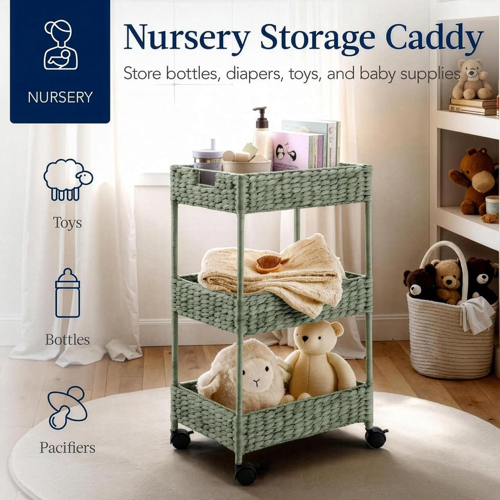 Best Choice Products 3-Tier Water Hyacinth Rolling Nursery Caddy w/Wheels, Utility Cart, Storage Organization for Bathroom, Craft Room, Laundry Room - Sage