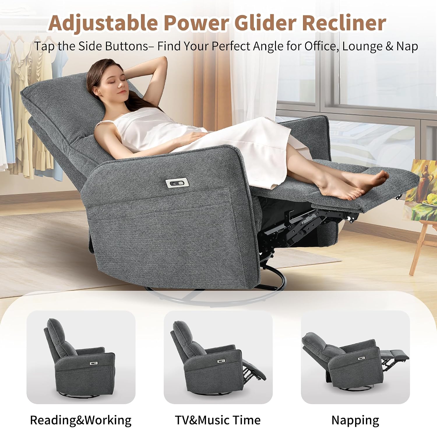 270° Power Swivel Rocker Recliner Chair, Rocking Chair Nursery, Electric Recliners for Small Spaces, Single Sofa Recliner for Living Room, Bedroom, RV (Fabric, Dark Gray+270°Swivel)