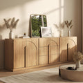 BELLEZE 3-Piece Modular Sideboard Cabinet Set Freely Configurable, Modern Wood Buffet Cabinet Contain 2 Arched Cabinet and 3-Drawer Storage, Credenza Console for Living Room Kitchen, Camel