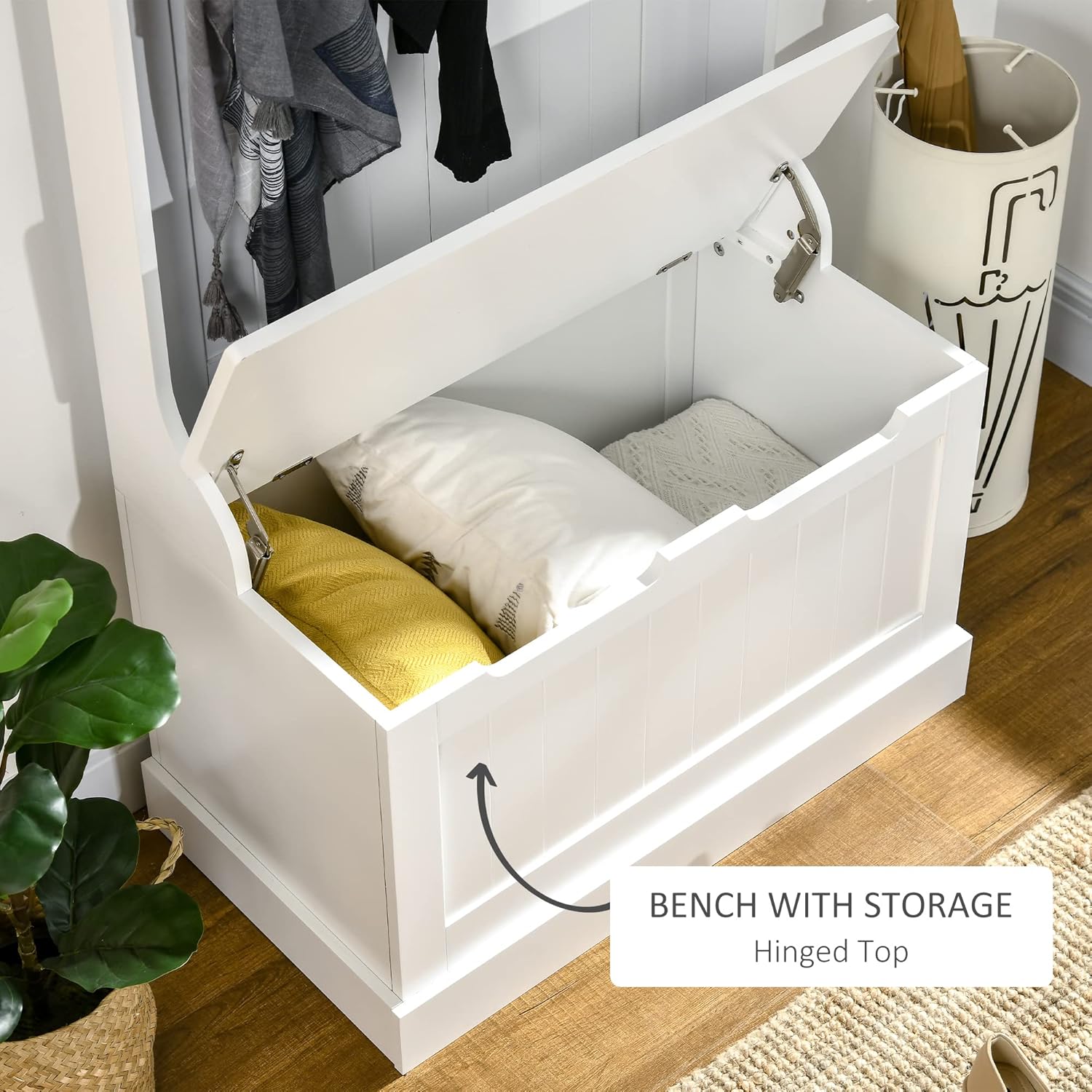 HOMCOM Hall Tree with Bench and Shoe Storage, 3-in-1 Entryway Bench with Coat Rack, 4 Hooks and Flip Top Storage Compartment, White