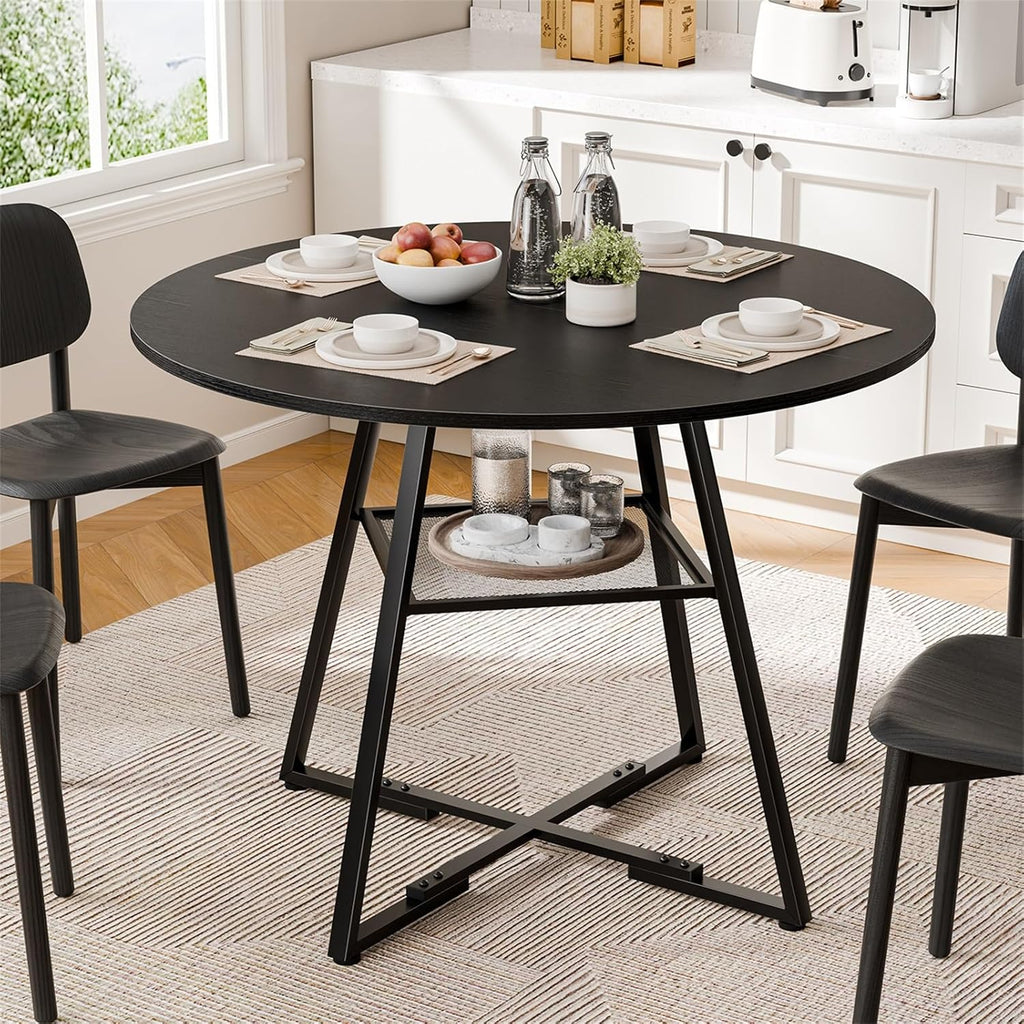 DUMOS 42" Round Dining Table for 4-6, Space Saving Kitchen Table with Dual-Tier Storage, Pedestal Metal Frame, Industrial Farmhouse Circle Dinner Table for Apartment, Black
