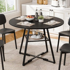 DUMOS 42" Round Dining Table for 4-6, Space Saving Kitchen Table with Dual-Tier Storage, Pedestal Metal Frame, Industrial Farmhouse Circle Dinner Table for Apartment, Black