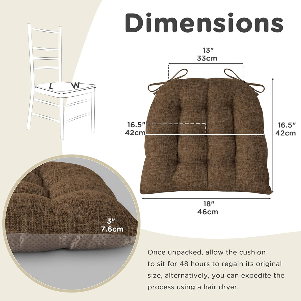 AddGrace Non-Slip Kitchen Chair Cushions Set of 2, D-Shape Dining Chair Pads with Ties, Tufted Seat Cushions for Kitchen and Dining Room, 18 x 16.5 x 3 inch (46 x 42 x 7.6 cm), Brown