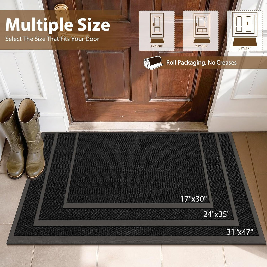 Front Door Mat Outside Entrance 17"x30" Black,Heavy-Duty Dirt Trapper Outside Welcome Mat, Non Slip Durable Rubber Entrance Doormats for Entryway Porch, Stain Resist Waterproof All-Season All-Weather