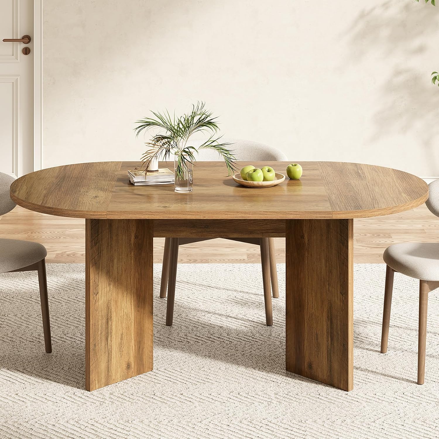LITTLE TREE 63" Rustic Oval Dining Table for 2-4, Sturdy MDF Farmhouse Kitchen Table with Metal Strip Base, for Living Room, Office, Restaurant, Multi-Use, Umber