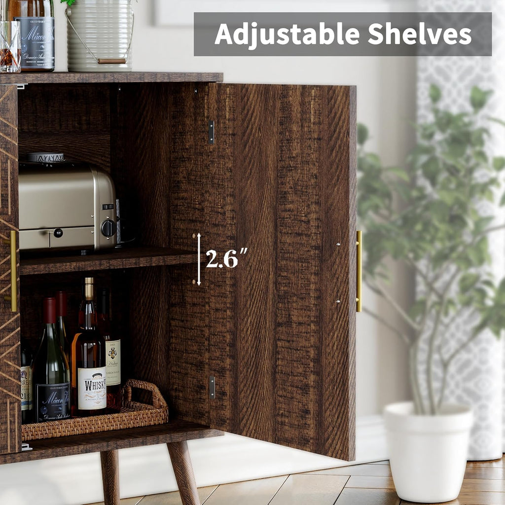 Sideboard Buffet Cabinet with Storage, Elegant Wood Accent Cabinet with Line Groove Design, Freestanding Storage Cabinet with Adjustable Shelves for Living Room, Kitchen, Entryway, Walnut