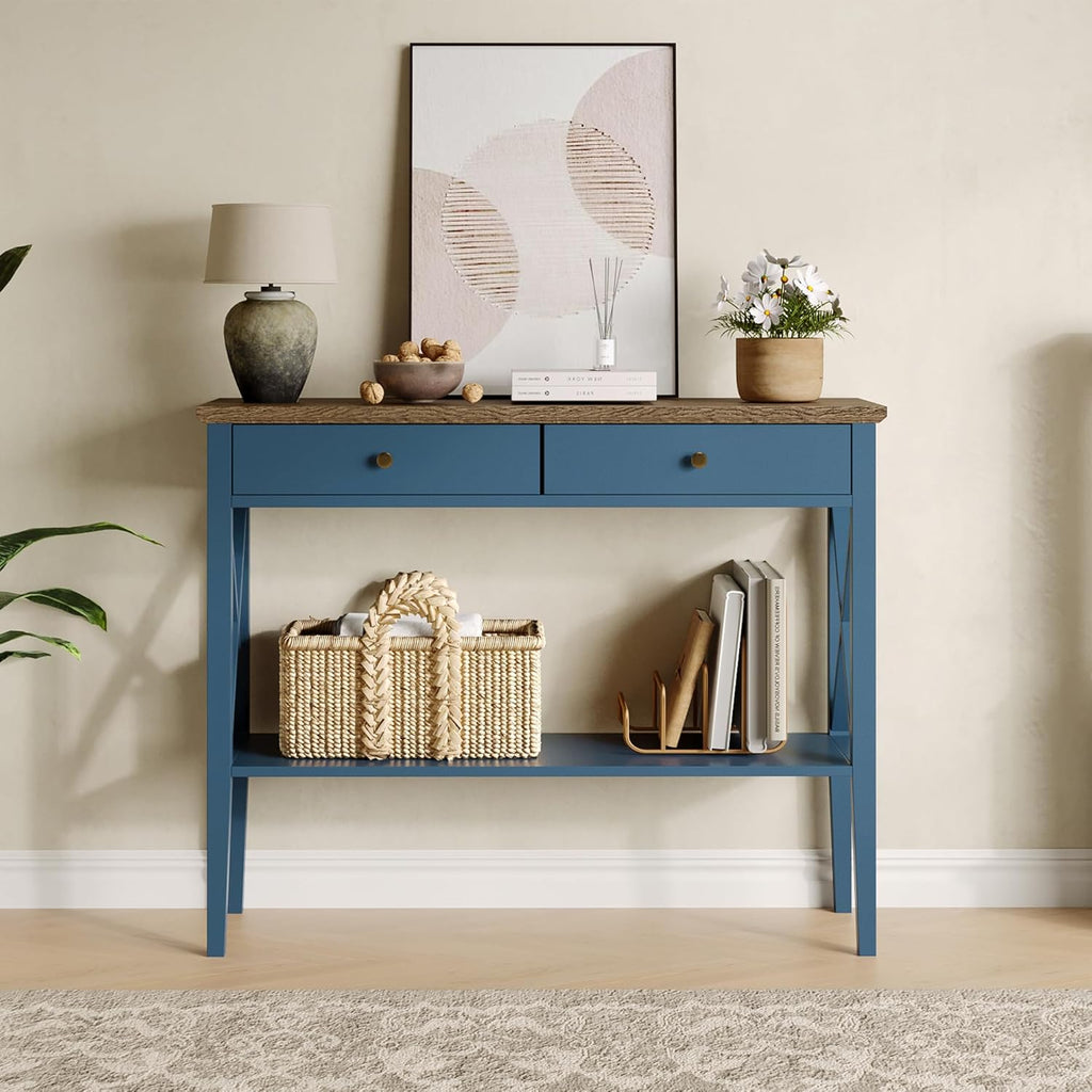 ChooChoo Console Table with Drawers, Narrow Wood Accent Sofa Table Entryway Table with Storage Shelf for Entryway, Front Hall, Hallway, Living Room, Blue