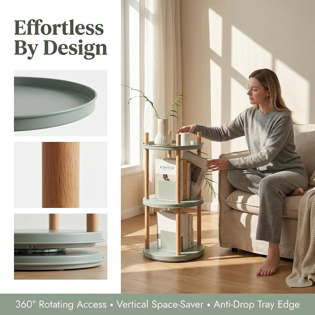 3-Tier Rotating Side Table, Round End Table with Storage Basket & Bookends, Modern Narrow Nightstand for Small Spaces, Living Room, Bedroom, Mint Green & Natural Wood