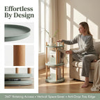 3-Tier Rotating Side Table, Round End Table with Storage Basket & Bookends, Modern Narrow Nightstand for Small Spaces, Living Room, Bedroom, Mint Green & Natural Wood