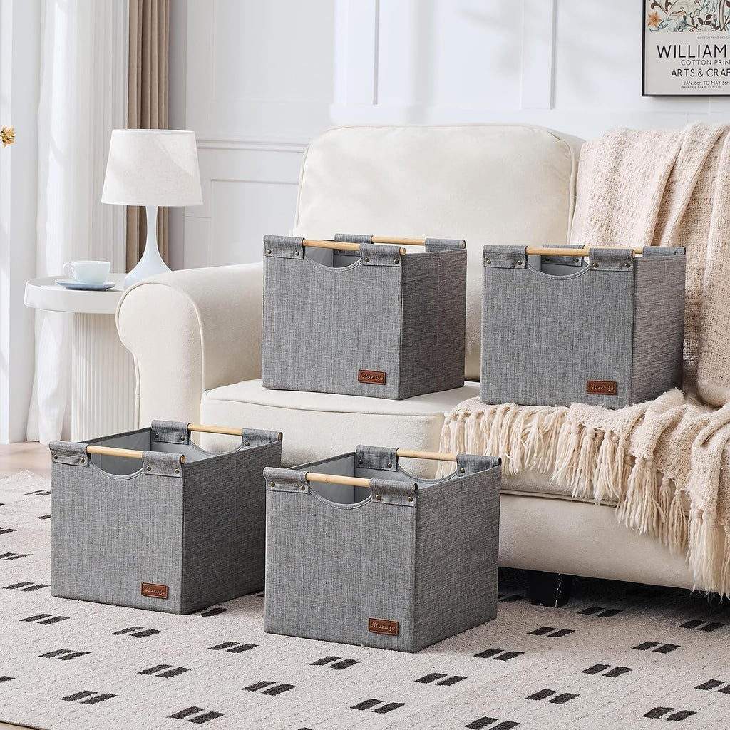 KAKAMAY 13x15x13 Inch Collapsible Fabric Storage Cubes, Grey 2-Pack with Wooden Handles, Cube Storage Bins for Kallax Shelf, Closet, Living Room, Bedroom, Nursery, Toys, Clothes, Blankets, Laundry