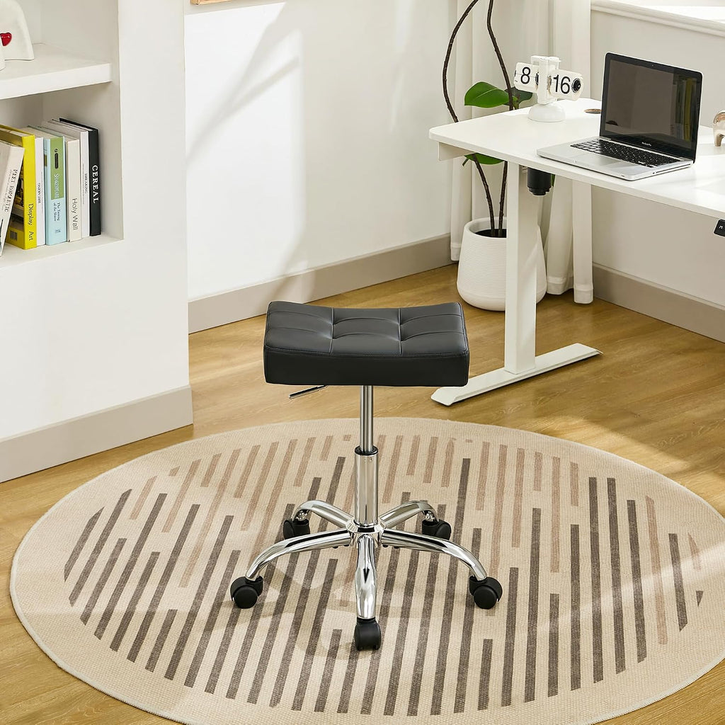 FIRAVOE Office Stool with Wheels (300lbs Capacity) (Adjustable Height 17-21 inch) Black Faux Leather Workbench Stool (Black)
