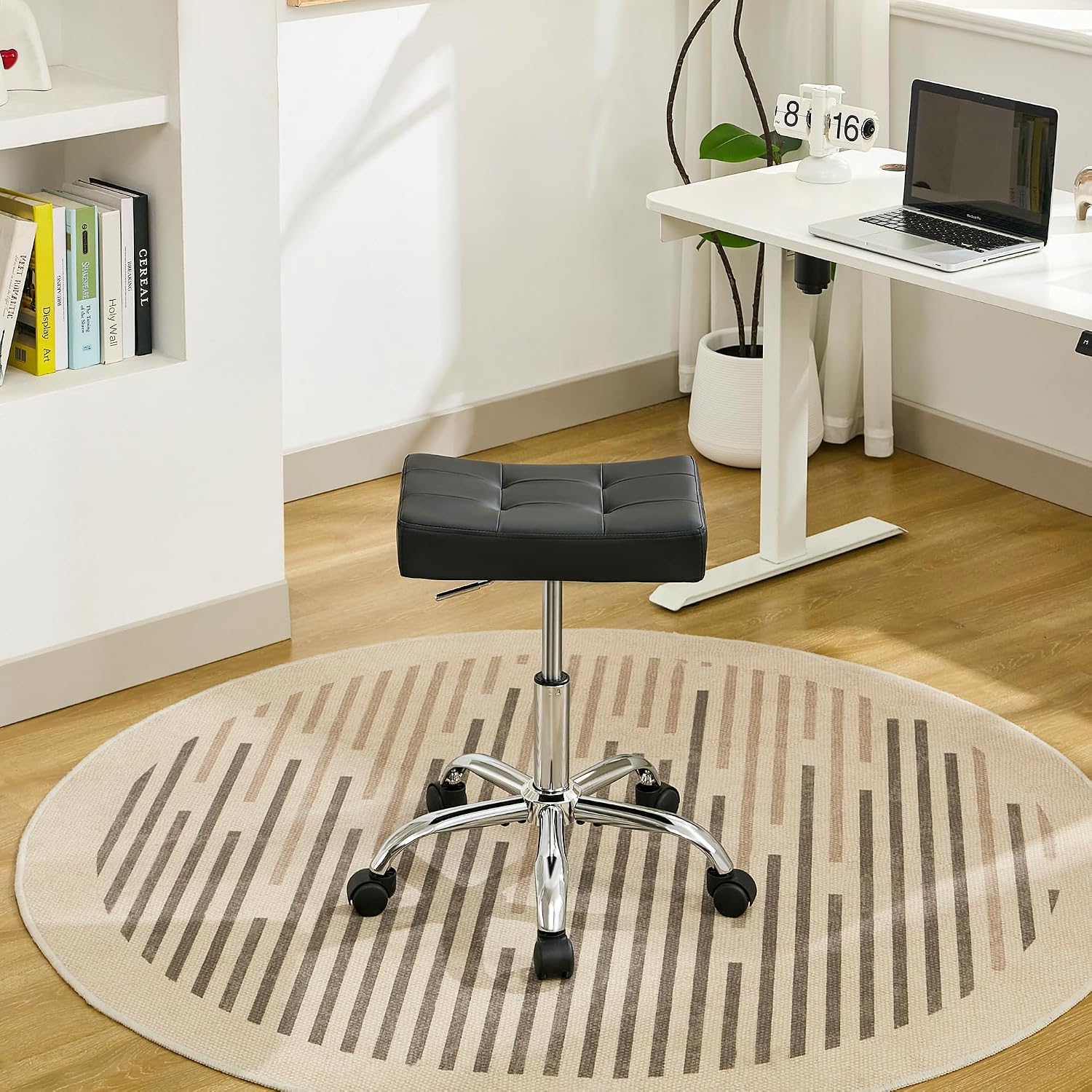 FIRAVOE Office Stool with Wheels (300lbs Capacity) (Adjustable Height 17-21 inch) Black Faux Leather Workbench Stool (Black)