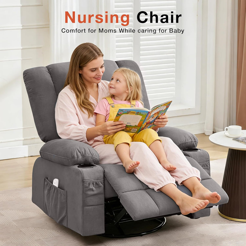 Rocker Recliner Chair with Heating and Kneading Massage for Adults,360°Swivel Rocker Recliner with Cup Holder and USB Charge Port for Living Room,Bedroom, Nursery
