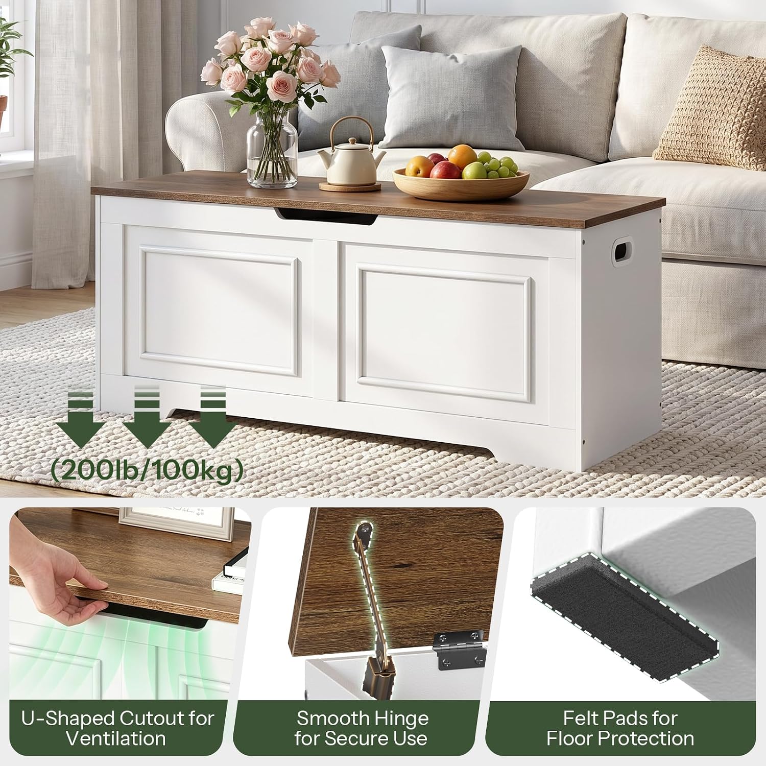 CHOEZON Storage Bench, 47.2" Large Capacity Toy Chest, Farmhouse Storage Trunk with Soft Close Hinge, Wooden Storage Box for Entryway, Living Room, Bedroom, White and Walnut MCW25WL