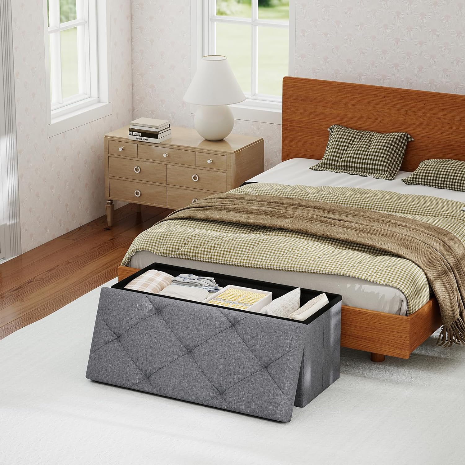 30 Inches Storage Ottoman, Folding Storage Ottoman Bench,Ottomans Foot Rest, End of Bed Bench 400LBS, Ottomans Bench Storage for Bedroom, Entryway, Living Room, Grey, 15" D x 30" W x 15" H
