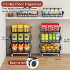 3-Tier Rolling Pantry Cart with Wheels, Stackable Wire Storage Floor Organizer for Kitchen Pantry Snack Shelves, Fruit Basket Stand, Vegetable Storage Rack for Food Snacks Onion Potato