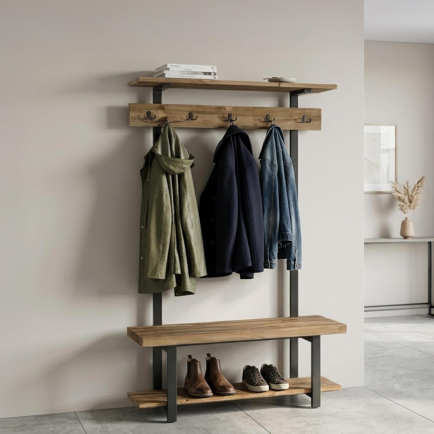 Alaterre Furniture Pomona Entryway Hall Tree – Modern Farmhouse 48-Inch Solid Wood Hall Tree with Bench, Shelves & Metal Coat Hooks – Mudroom & Foyer Storage for Jackets, Bags & Shoes (Rustic Brown)