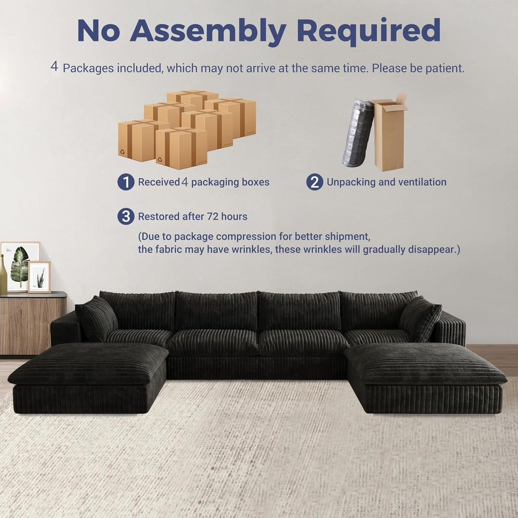 157.6" Oversized Cloud Boneless Sofa with 2 Ottomans, Modern Corduroy U Shaped Modular Sectional Couch, Deep Seat Floor Furniture Set, No Assembly Required (4 Seater+2 Ottoman)