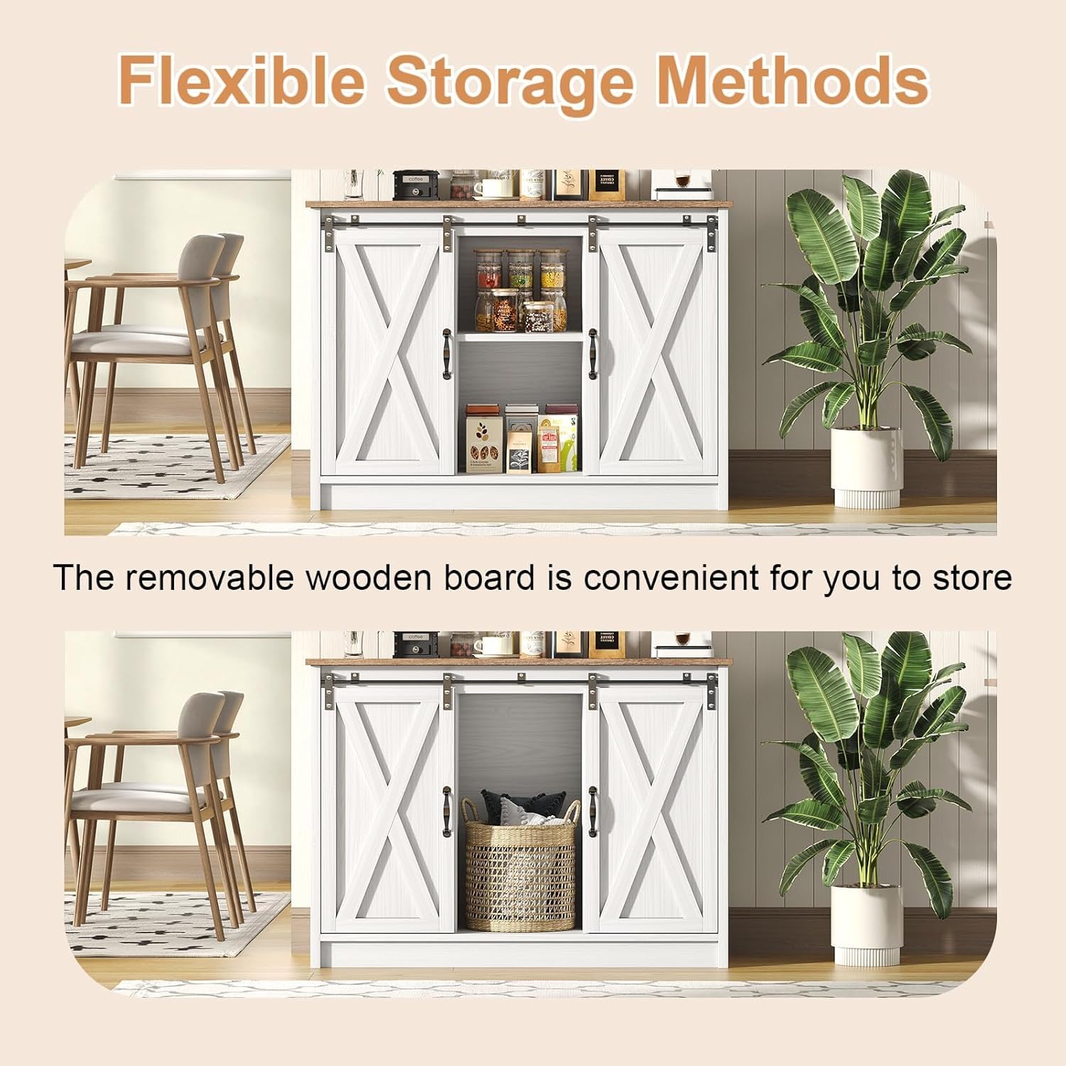 4 EVER WINNER Farmhouse Coffee Bar Cabinet, 42" Buffet Cabinet with Storage and Adjustable Shelf for Small Spaces, Coffee Station Cabinet with Sliding Barn Doors for Kitchen, Dining Room, White