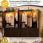 PAKASEPT Armoire Wardrobe Closet with w/Folding Sliding Barn Door | Bedroom Armoires with Mirror and LED Lights, Hanging Rod, Clothing Storage Cabinet for Bedroom (3 Doors)