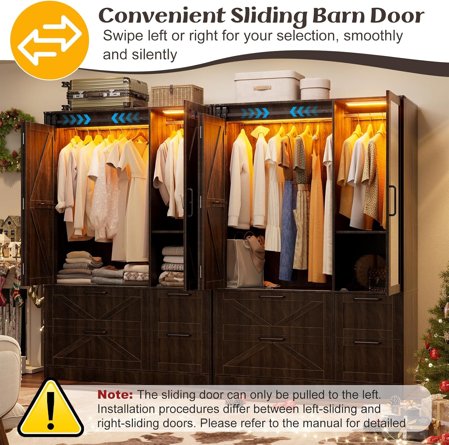 PAKASEPT Armoire Wardrobe Closet with w/Folding Sliding Barn Door | Bedroom Armoires with Mirror and LED Lights, Hanging Rod, Clothing Storage Cabinet for Bedroom (3 Doors)
